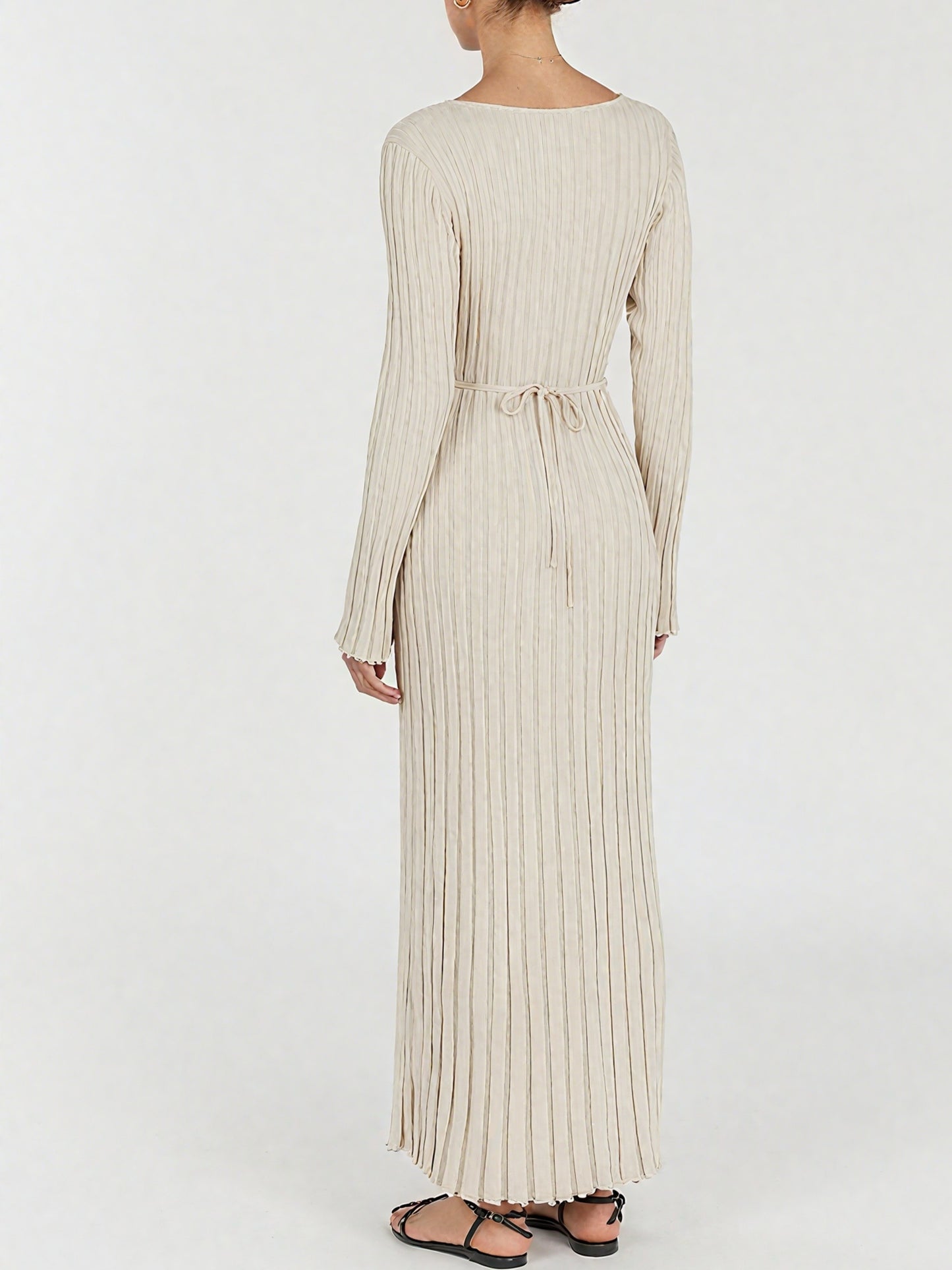 Elegant Stone Sleeved Knit Midi Dress