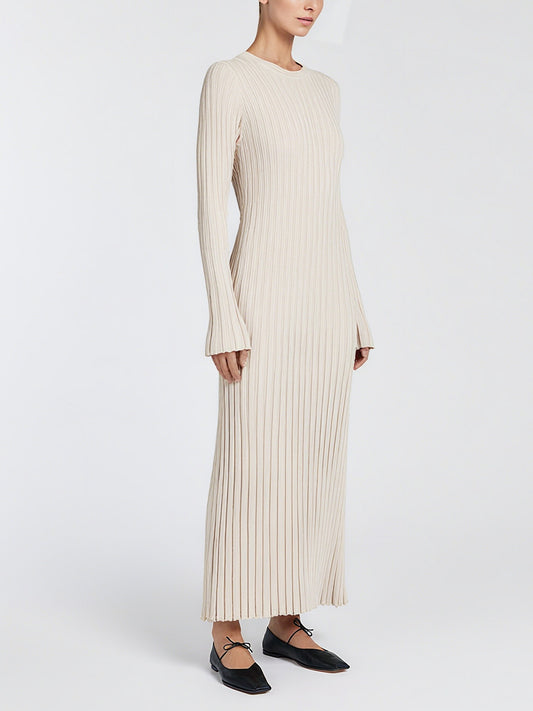 Elegant Stone Sleeved Knit Midi Dress