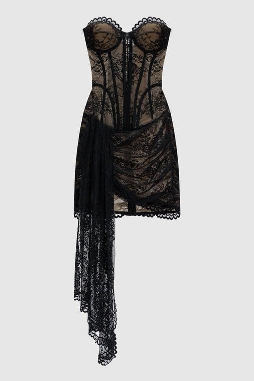 Black Lace Corset Mini Dress with Asymmetric Drape