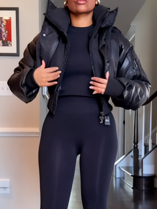 Leather and Nylon Layered Puffer Jacket