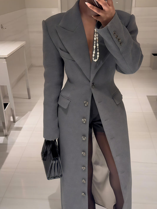 Elegant Grey Woolen Long Coat