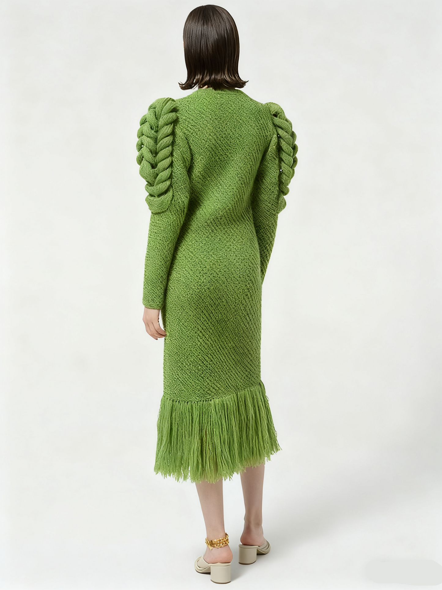 Fringe Hem Deep V Neck Statement Sleeves Dress