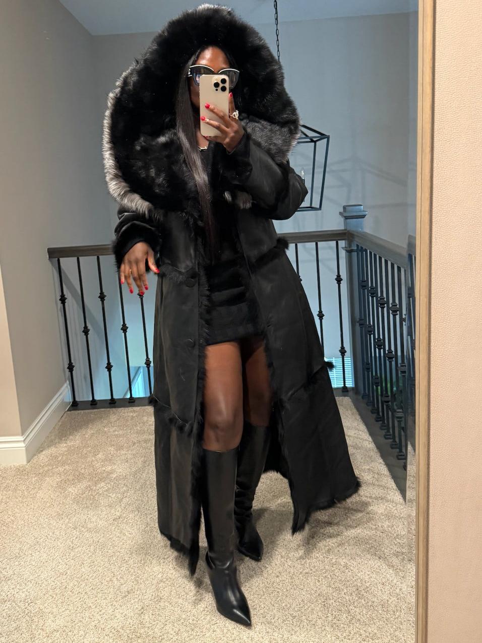 Stylish Long Shearling Fur Coat