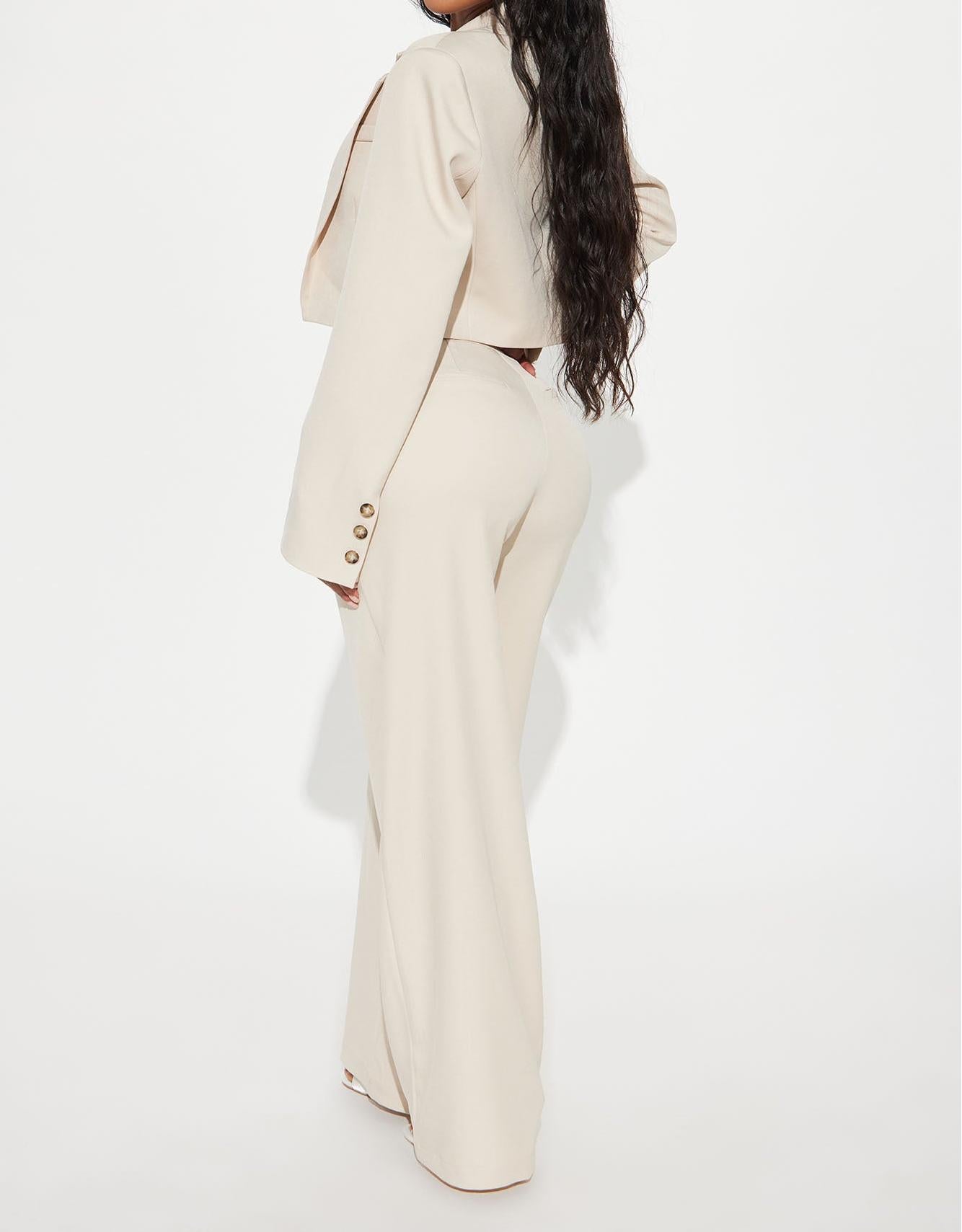 Beige Cropped Blazer & Split Wide-Leg Pants Two-Piece Set