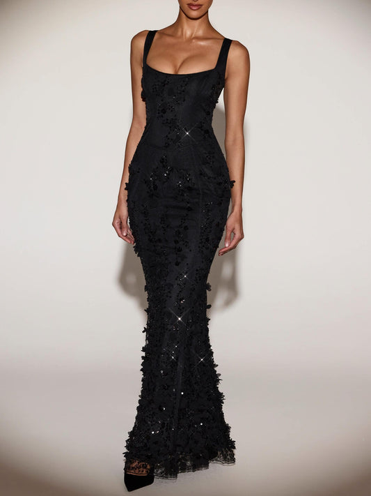 Elegant Black Embellished Fishtail Corset Gown