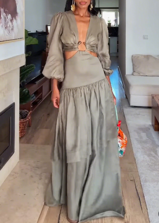 Elegant Maxi Dress with Cut - out Design and Puffed Sleeves