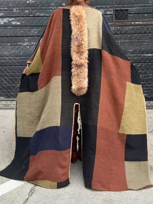 Removable Faux Fur Color Block Poncho