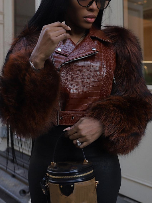 Luxury Chestnut Crocodile-Effect Leather Fluffy Fur Sleeves Moto Jacket