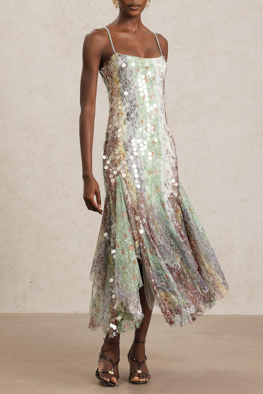 Watercolor Floral Sequin Mesh Midi Dress
