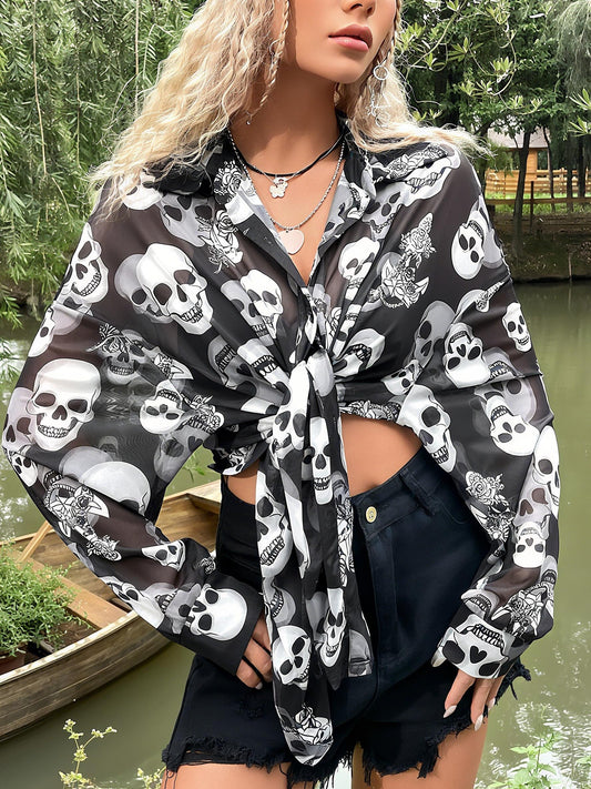 Grunge Skull Print Drop Shoulder Shirt