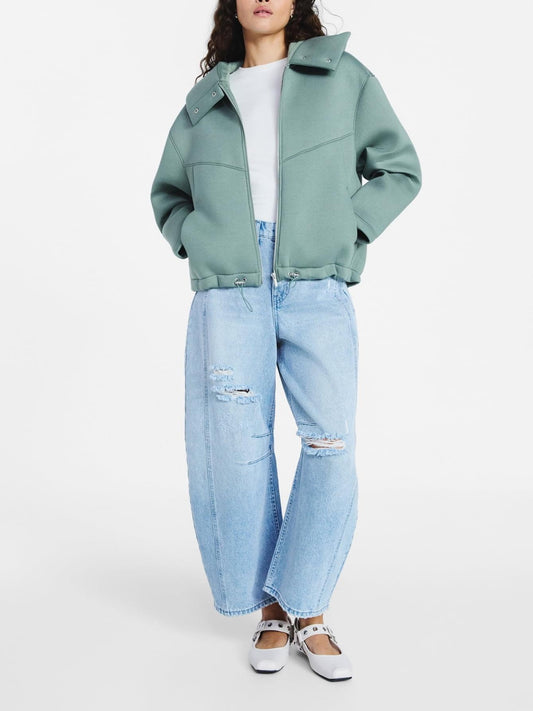 Oversized Scuba Hooded Jacket with Wide Lapel & Drawstring Hem