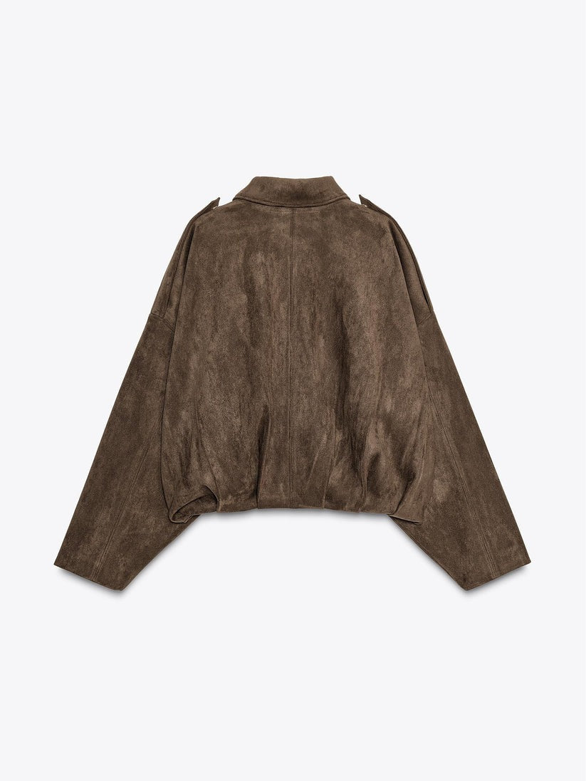 Suede Bomber Zipper Pilot Oversized Jacket