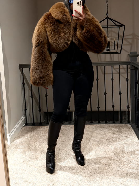 Chic Winter Outerwear Brown Cropped Fur Jacket