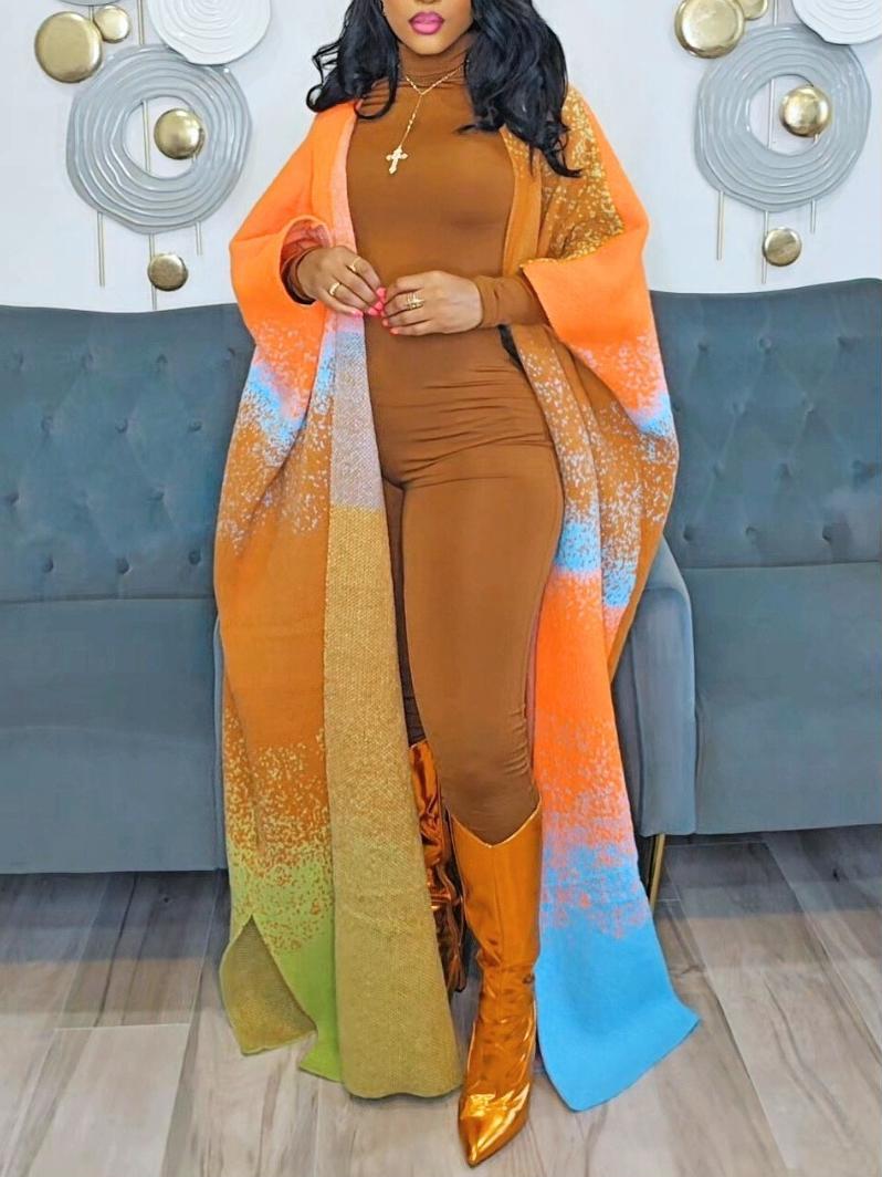 Gradient Color Block Print Oversized Open Front Knit Cardigan