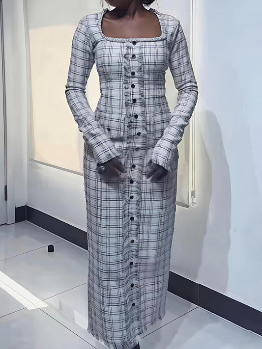 Faux Pearl Square Collar Tweed Dress