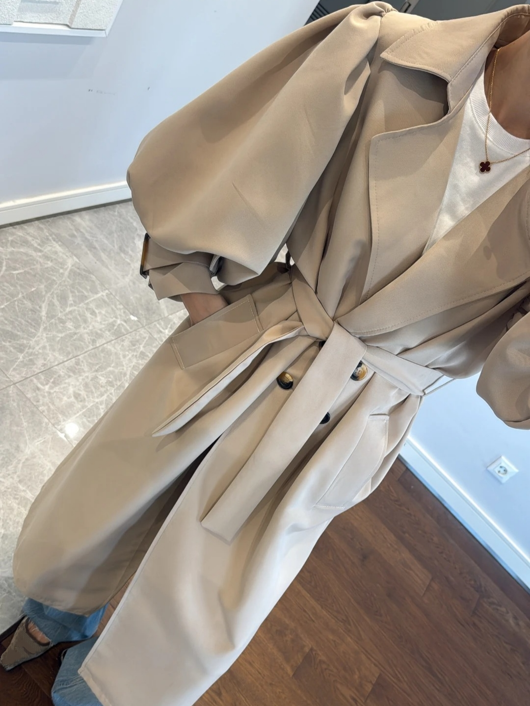Belted Trench Coat With Sleeve Detailed