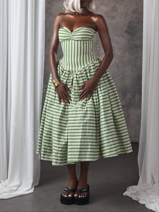Green & White Striped Strapless Midi Dress