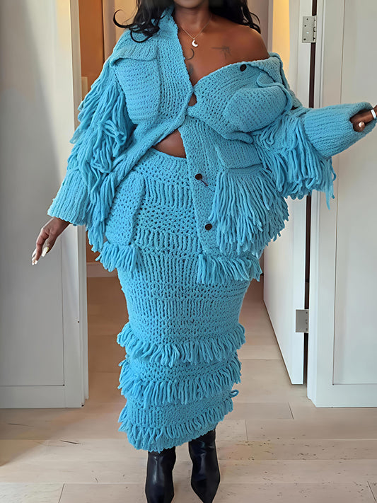 Fringed Knitted Long Sleeve Two Pieces Dress