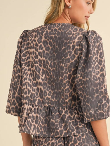 Leopard Print Peplum Top with 3/4 Sleeves