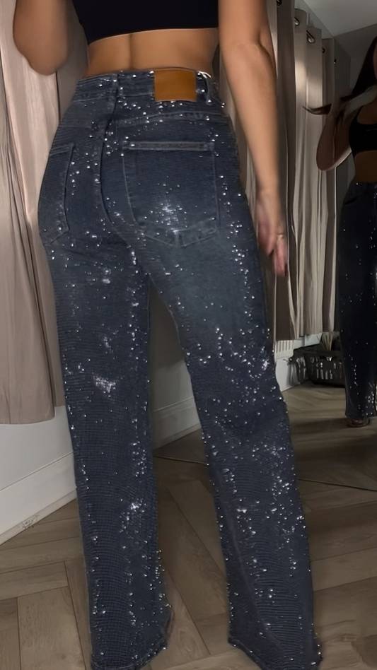 Dark Blue Diamanté Wide Leg Sparkle Covered Jeans