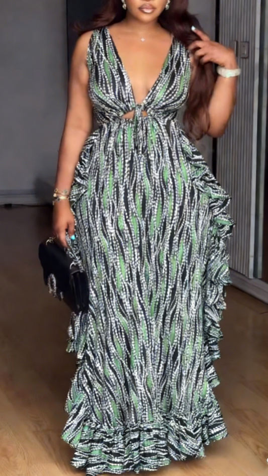 Deep V Neck Cutout Ruffled Boho Party Gown