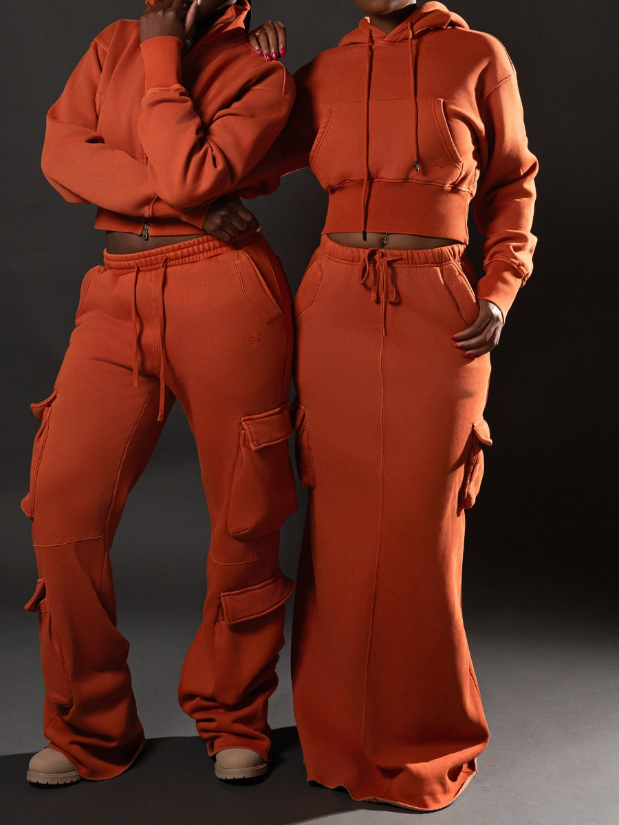 Burnt Orange Cropped Zip-Up Hoodie & Maxi Skirt/Pants Two-Piece Set