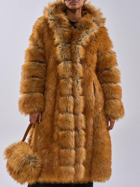 Camel Fox Fur Longline Hooded Coat