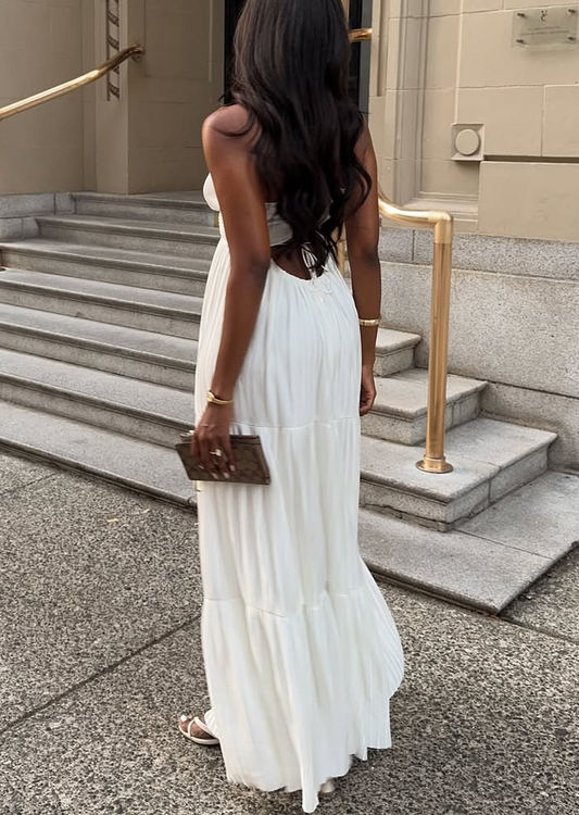 Elegant White Deep V Neck Sleeveless Maxi Dress