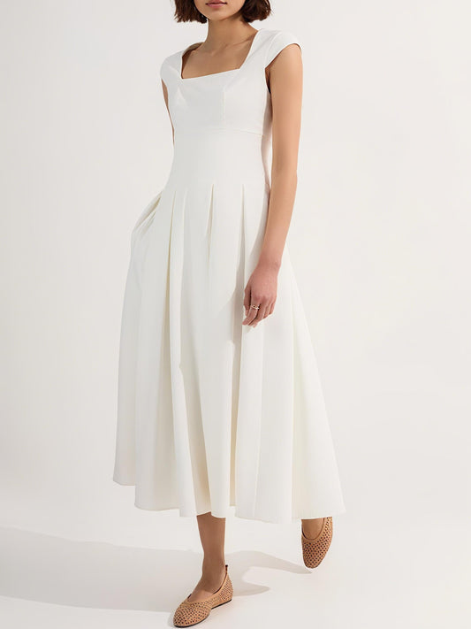 Elegant Square Neckline White Sleeveless Dress