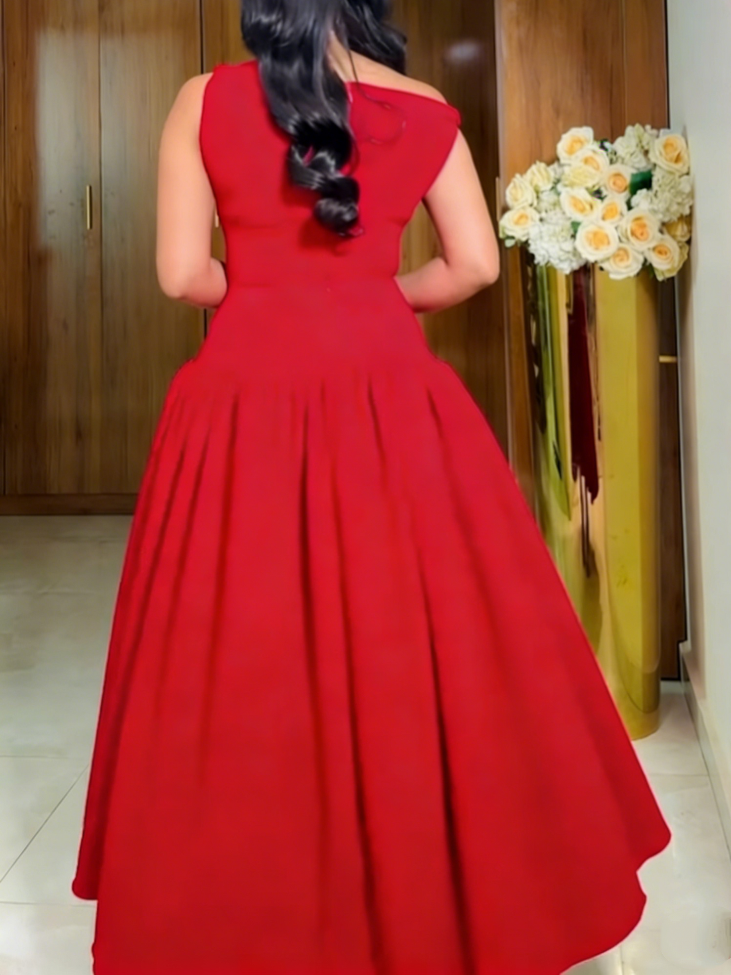 Crimson One-Shoulder Ruffled Midi Dress