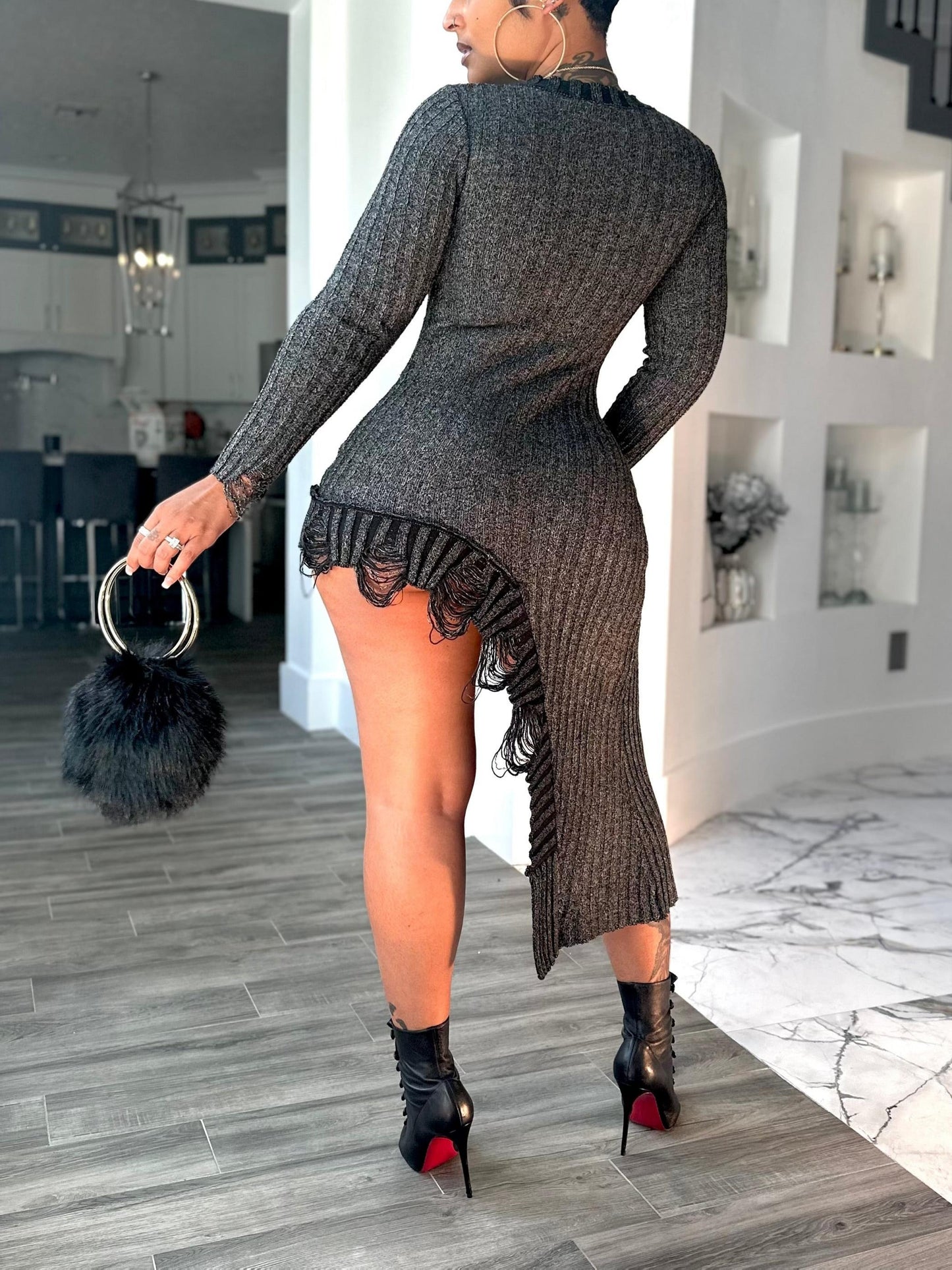 Charcoal Metallic Ribbed Knit Long Sleeve Asymmetrical Fringe Hem Bodycon Dress