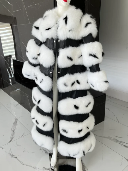3in1 Zebra Stripe Fox Fur Leather Coat