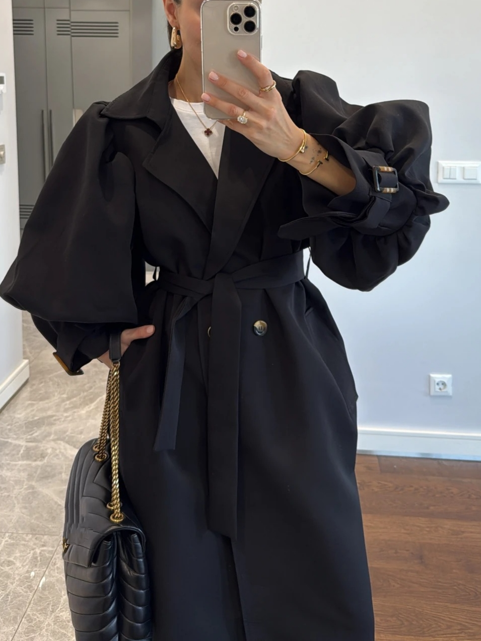 Belted Trench Coat With Sleeve Detailed