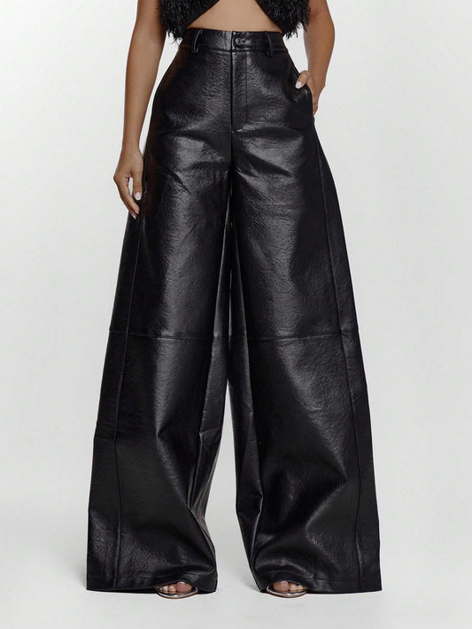 Faux Leather Wide Leg Mid Waist Trouser