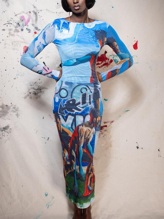 Abstract Art Print Bodycon Maxi Dress