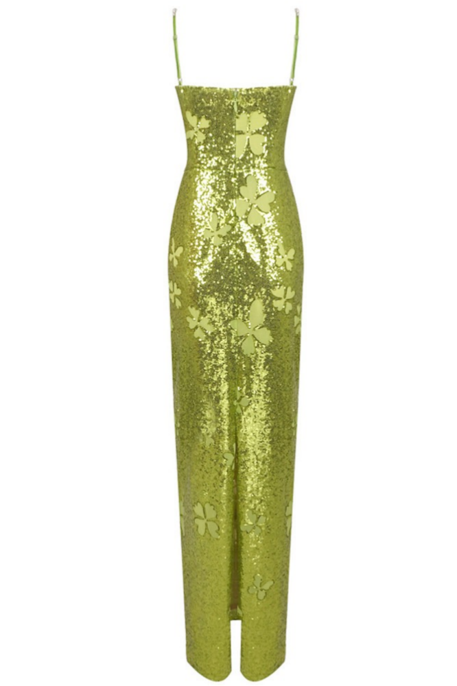 Lime Green Sequin Butterfly Embellished Sweetheart Gown