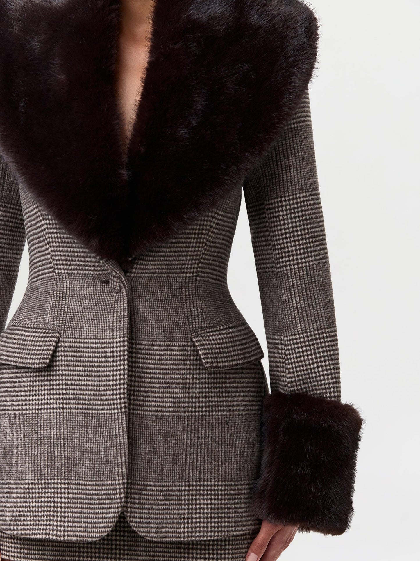 Vintage Houndstooth Wool Blazer Suit with Faux Fur Collar & Cuffs