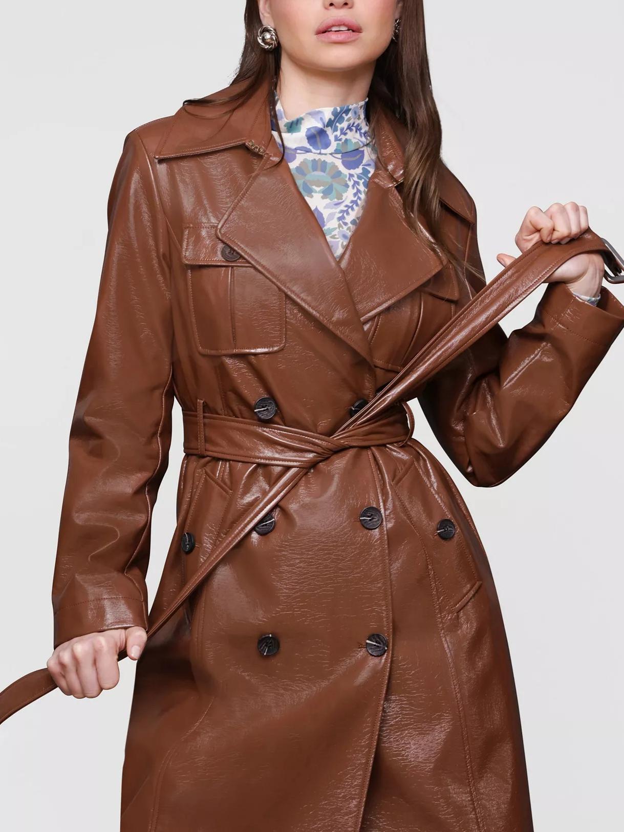Belted Faux-Leather Trench Coat