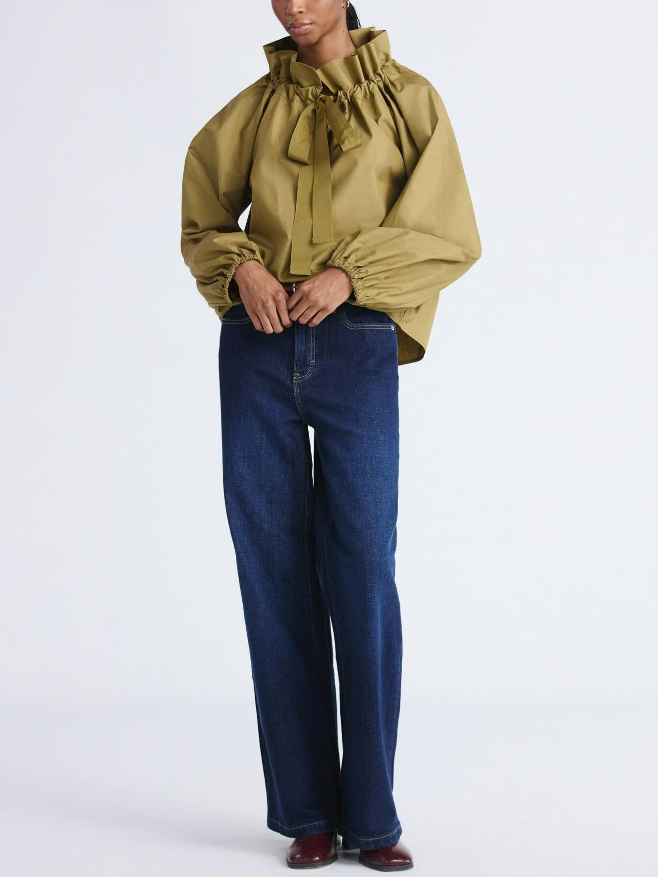 Ruffle Neck Long Sleeves Cotton Top