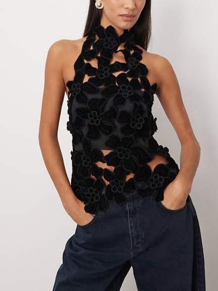 Embroidered Velvet Quilted Cut Work Halter Neck Top