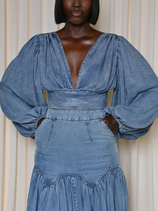 Stylish Denim Two - Piece Set with Puffed Sleeves and Ruffled Skirt