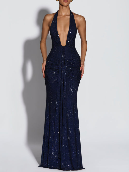 Navy Blue Halter Neck Deep Plunge Sequin Mermaid Gown