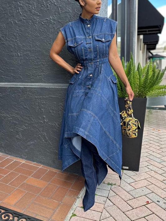 Button Front & Asymmetric Hem Sleeveless Denim Midi Dress
