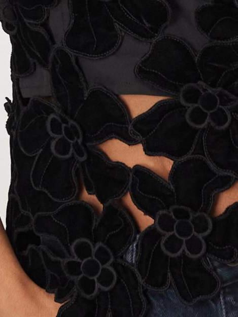 Embroidered Velvet Quilted Cut Work Halter Neck Top