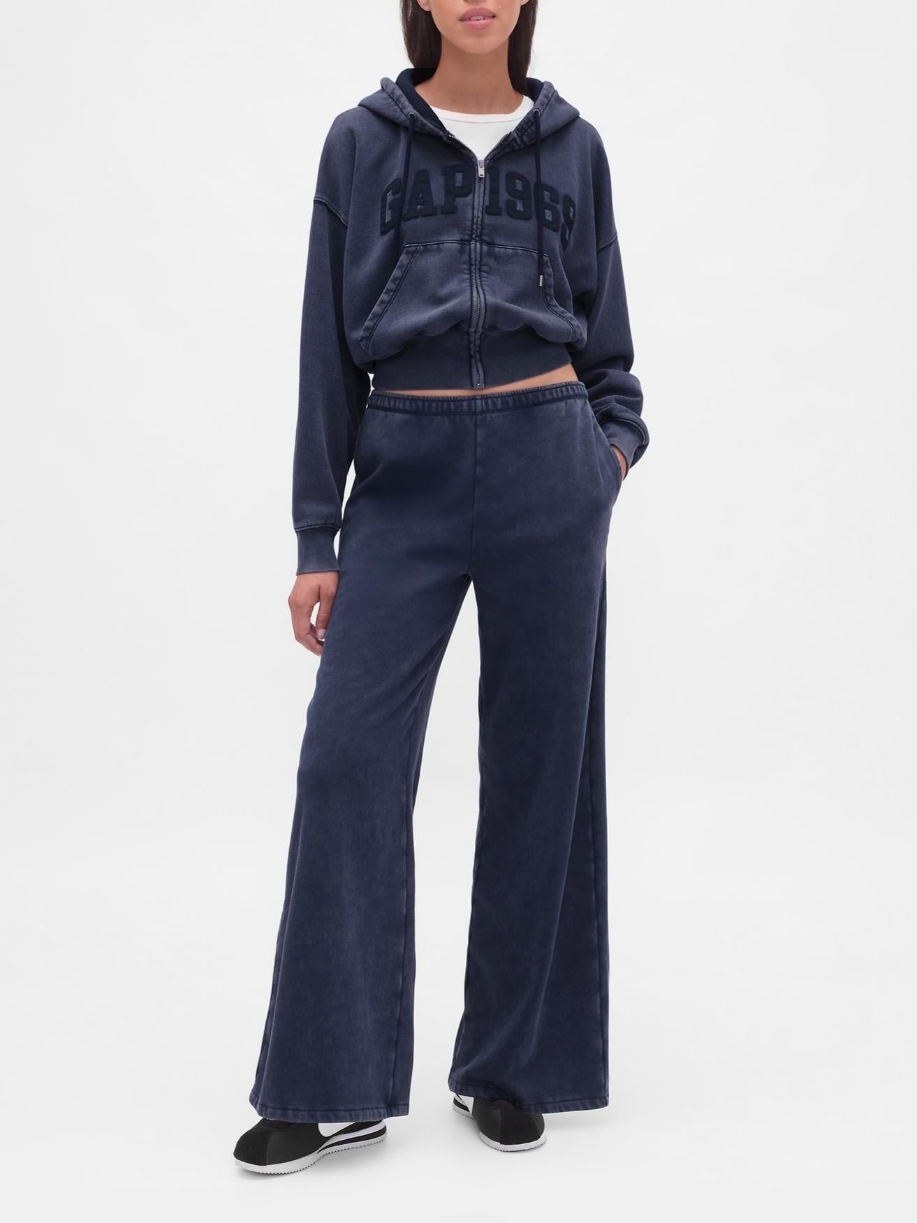 Navy Blue Activewear Set: Hoodie with Wide - Leg SweatPant