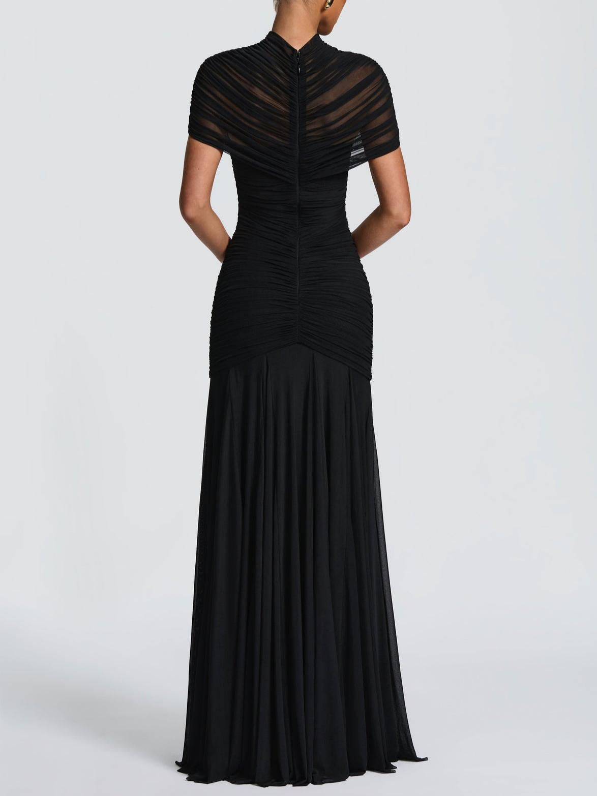 Elegant High Neck Ruched Mesh Gown
