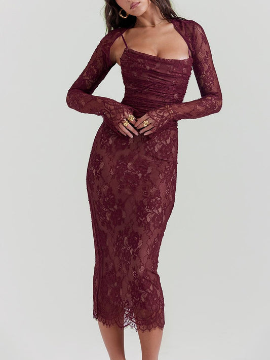Burgundy Lace Two-Piece Midi Dress - Sheer Long-Sleeve & Ruched Slip Dress Set