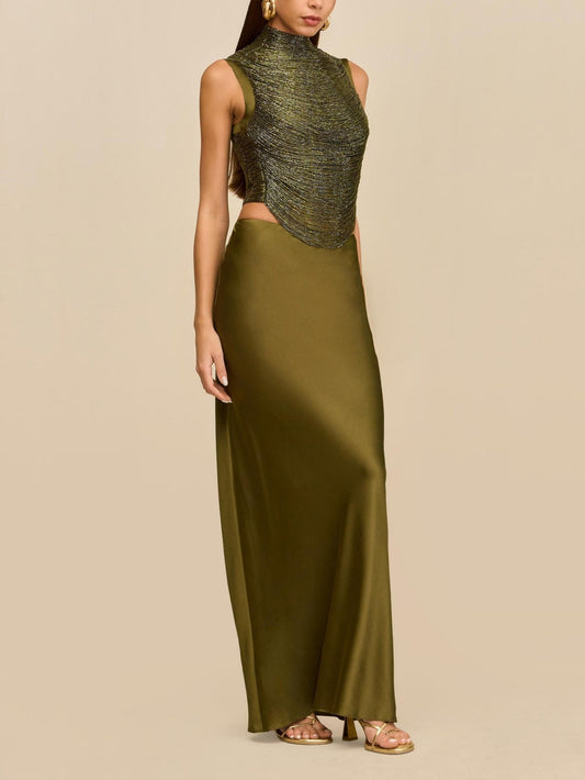 Elegant Rosemary Ensemble: Sleeveless Fringe Top Paired with Flowing Satin Skirt