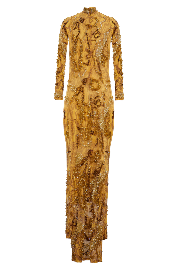 Gold Marble Beaded Embellished Maxi Gown