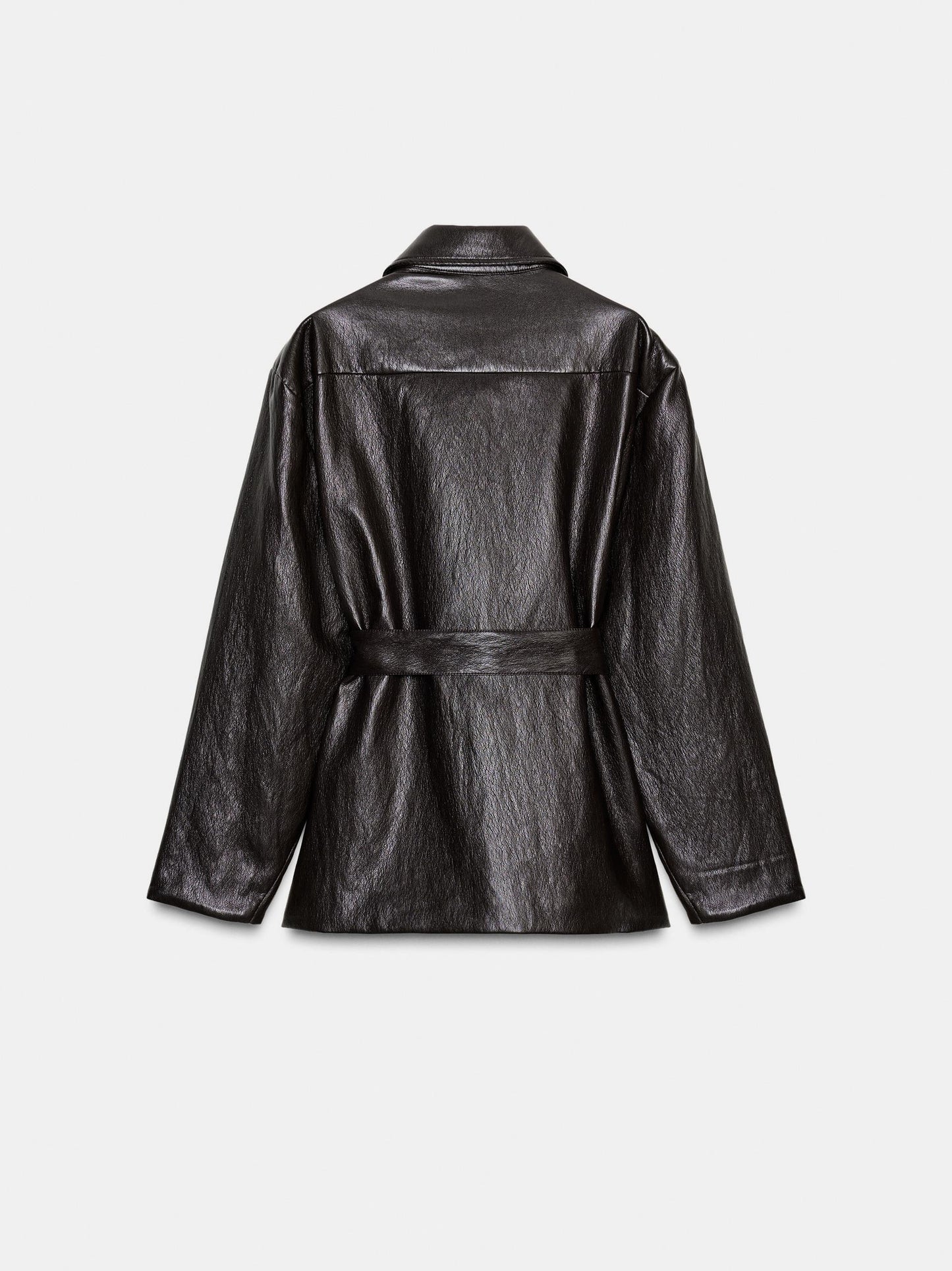 Long Faux Leather Jacket With Belt